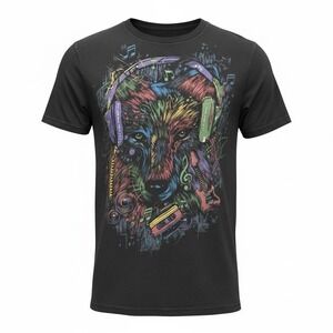 Liquid Blue Wolf Music Headphones T Shirt Med Black Colorful Art Graphic Cotton